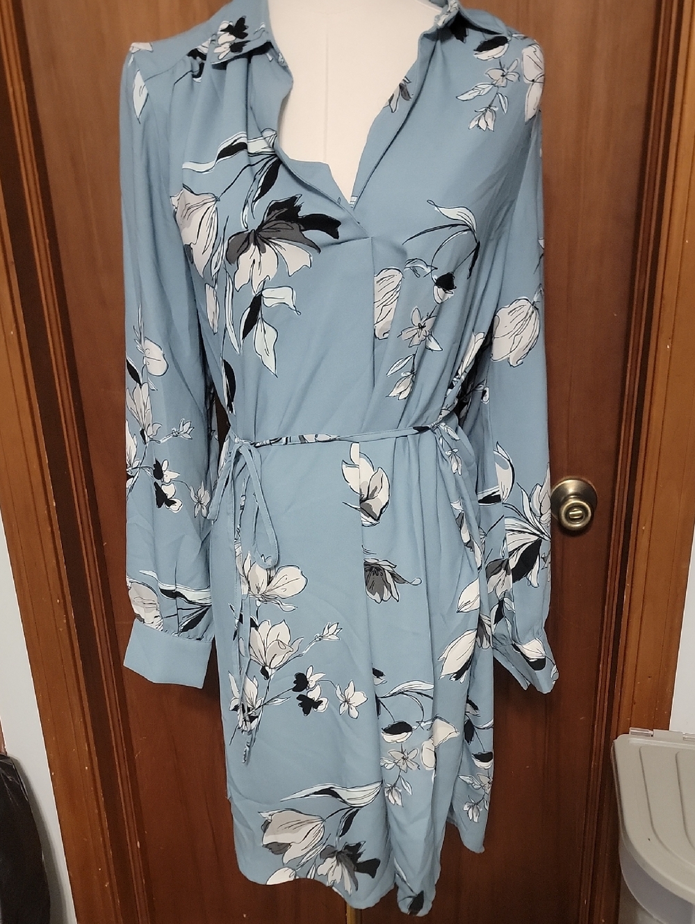 Light Blue Floral Tie-Waist Shirt Dress